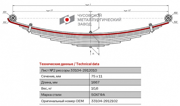 Задний подкоренной рессорный лист №2 ГАЗ 33104 Валдай