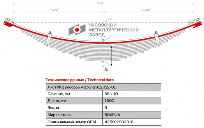 Передний подкоренной рессорный лист №2 ПАЗ 4230 Аврора